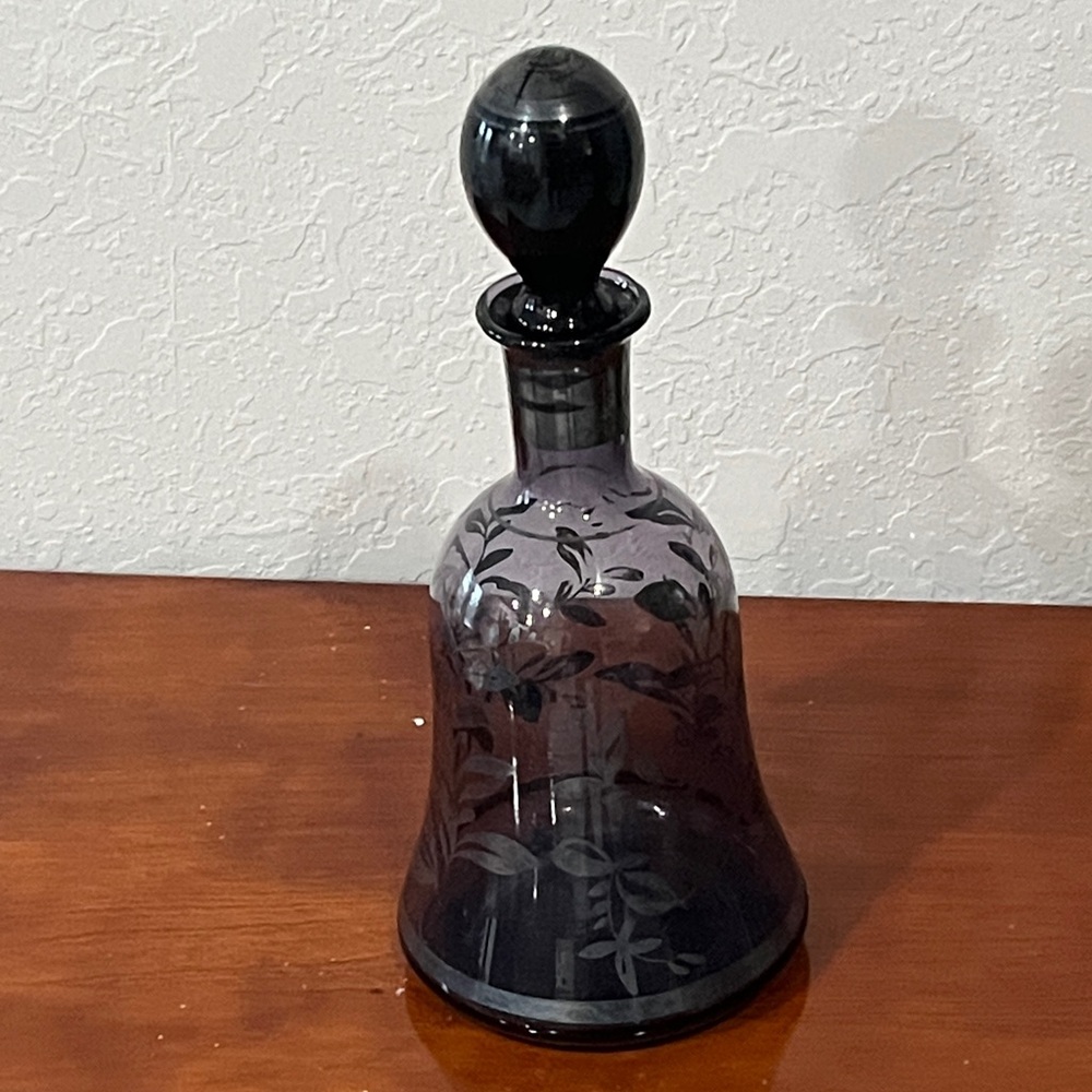 Murano Mid Century Dk Amethyst Glass Bell Decanter with Silver Floral Design